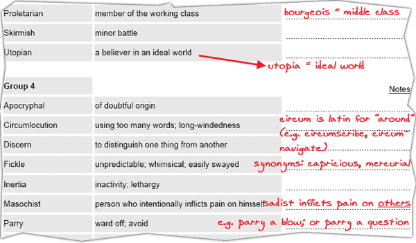 image of a student's notes on a word list